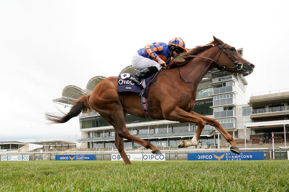MOORE THE MERRIER: Ryan Moore on board Love on their way to winning The Qipco 1000 Guineas Stakes at Newmarket. Pic: PA