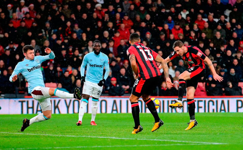Dan Gosling scores Bournemouth's first goal at the Vitality. Photo: PA