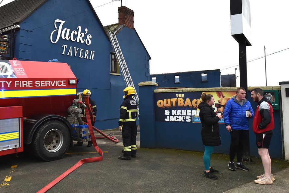 Storeroom completely destroyed following a fire at Jack's Tavern in Camolin on Monday. Pic: Jim Campbell
