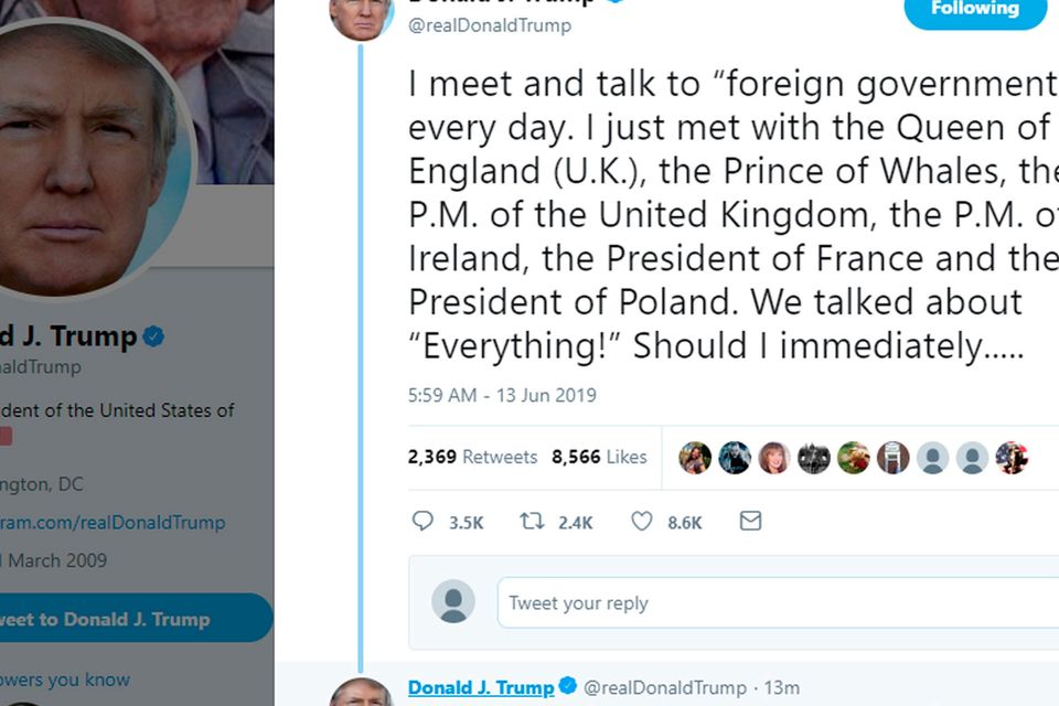 The Tweet sent by US President Donald Trump in which he refers to the Prince of Wales as the Prince of Whales. 
Twitter/PA Wire
