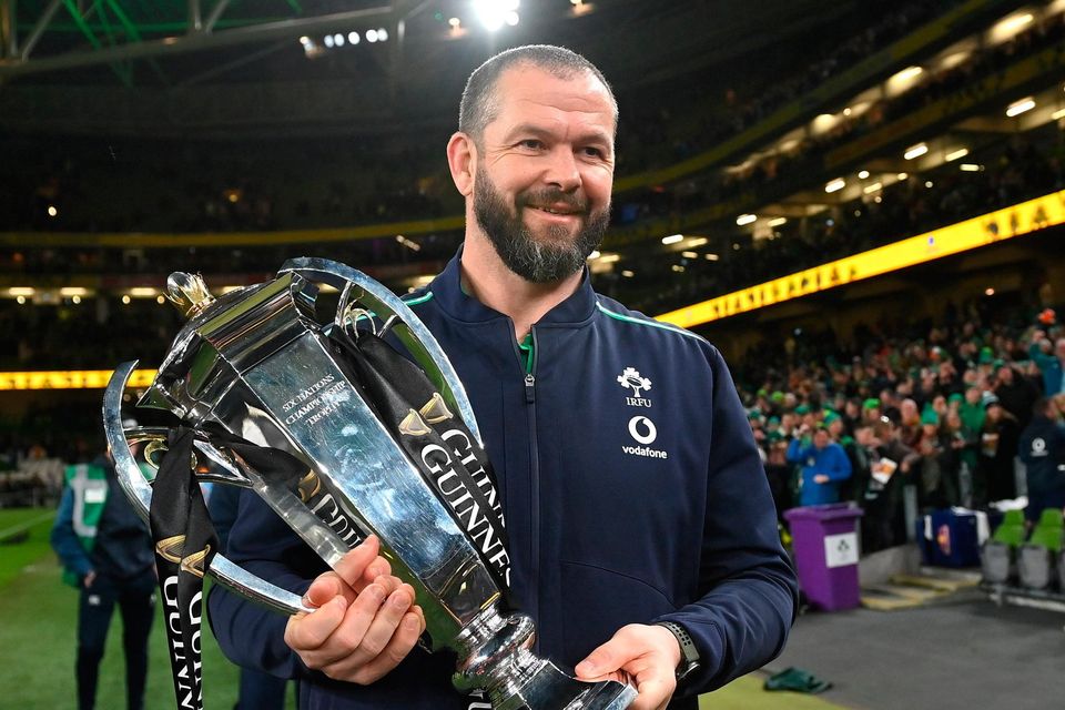 Ireland head coach Andy Farrell celebrates with the Six Nations trophy. Photo: Sportsfile