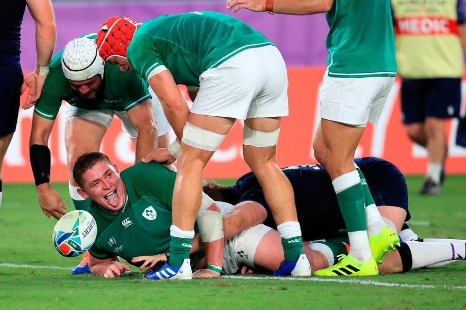 Ireland's Tadhg Furlong scores a try during the 2019 Rugby World Cup Pool A match at the International Stadium Yokohama, Yokohama City. Adam Davy/PA Wire.