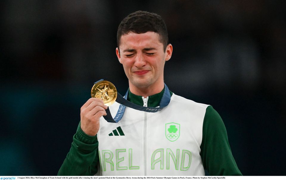 3 August 2024; Rhys McClenaghan of Team Ireland with his gold medal after winning the men's pommel final at the Gymnastics Bercy Arena during the 2024 Paris Summer Olympic Games in Paris, France. Photo by Stephen McCarthy/Sportsfile