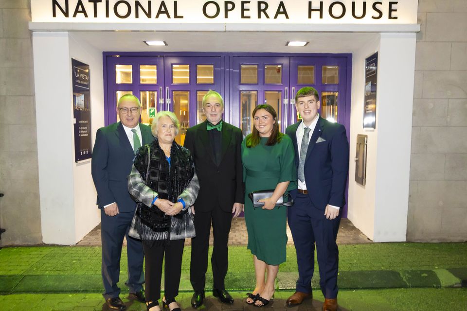 25/10/2024. Wexford Festival Opera Green Night are Patrick and Eileen Monahan EPA, Randall Shannon Wexford Festival Opera Executive Director, Emma Rath, Blackwater and Ryan Healy, Castlebridge. Photograph: Patrick Browne