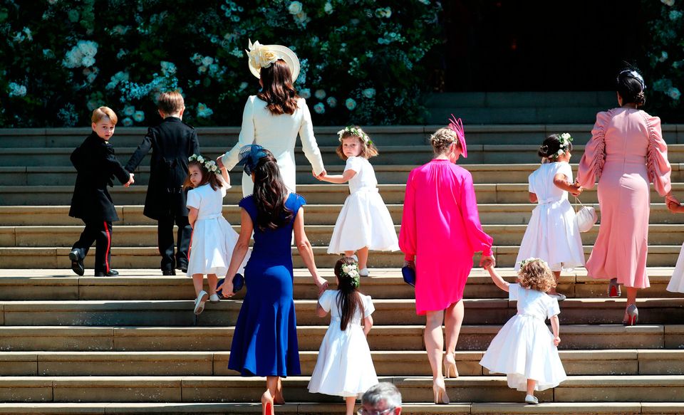 The Duchess of Cambridge (front) arrives with the bridesmaids at St George's Chapel at Windsor Castle for the wedding of Prince Harry and Meghan Markle. PRESS ASSOCIATION Photo. Picture date: Saturday May 19, 2018. See PA story ROYAL Wedding. Photo credit should read: Jane Barlow/PA Wire