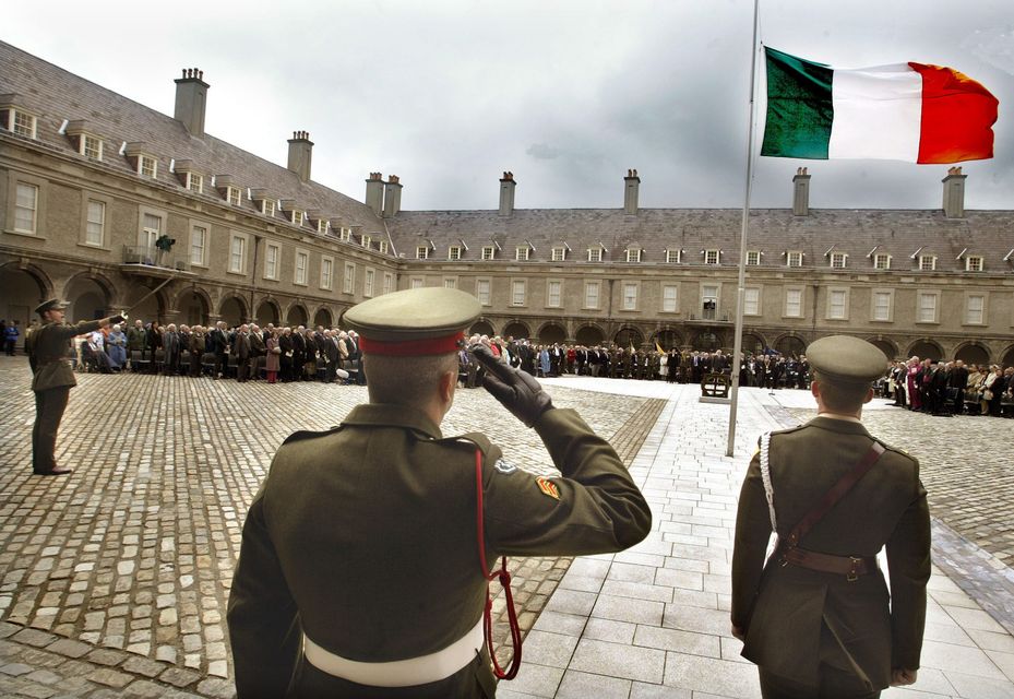 The Second Brigade salute the Tricolour in honour of Ireland's fallen soldiers during the National Day of Commemoration Day ceremony in the Royal Hospital, Kilmainham. Photo: Martin Nolan