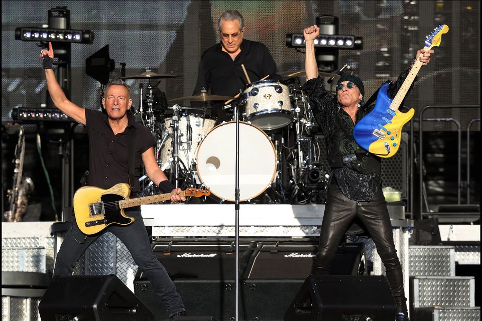 Bruce Springsteen on stage at the RDS in Dublin with guitarist Steve Van Zandt and Max Weinberg on drums last May. Photo: Steve Humphreys