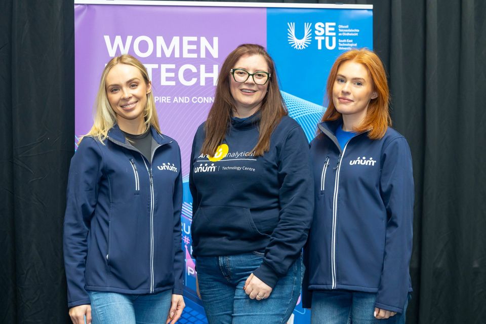 Pictured at South East Technological University’s (SETU) fifth annual Women in Technology event at the SETU Arena in Waterford were from Evita Malaskeviciute, UX Designer, Shauna Bond, Cyber Security Analyst, and Sarah Adderly, Business Architect with Unum Ireland.