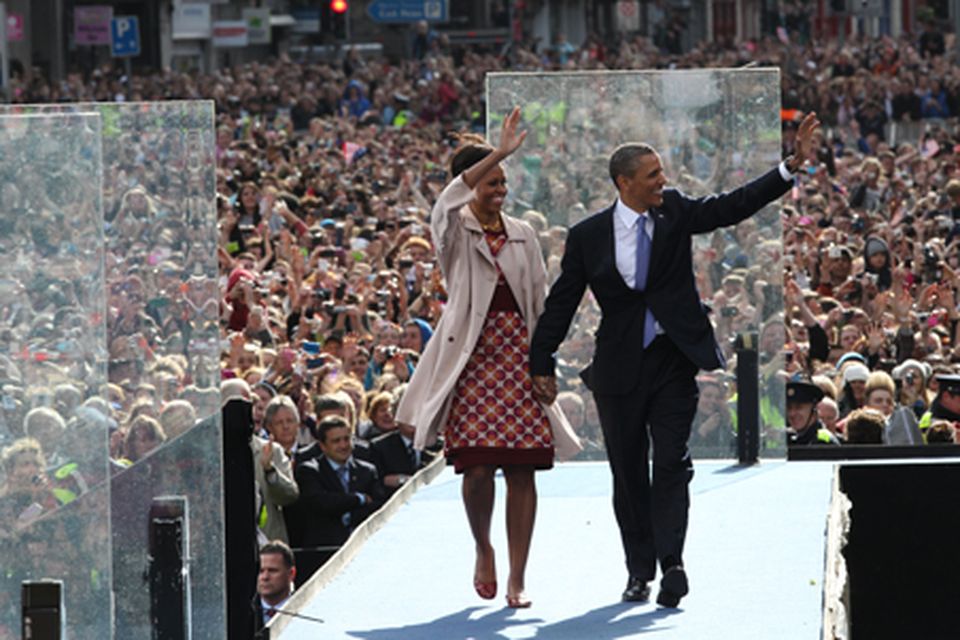 US President Barack Obama and First Lady Michelle Obama take to the stage at College Green in Dublin. Photo: Getty Images