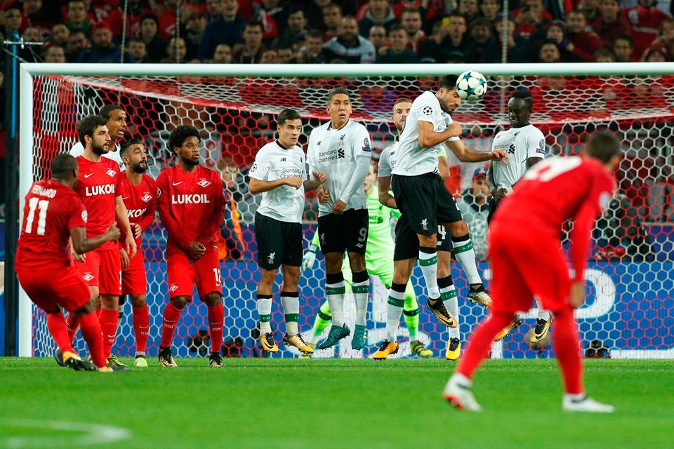 Fernando curls the ball over the Liverpool wall to put Spartak Moscow in front. Photo: Reuters