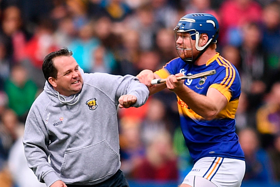 Wexford manager Davy Fitzgerald and Jason Forde of Tipperary clash during their NHL Division 1 semi-final last year. Photo: Sportsfile