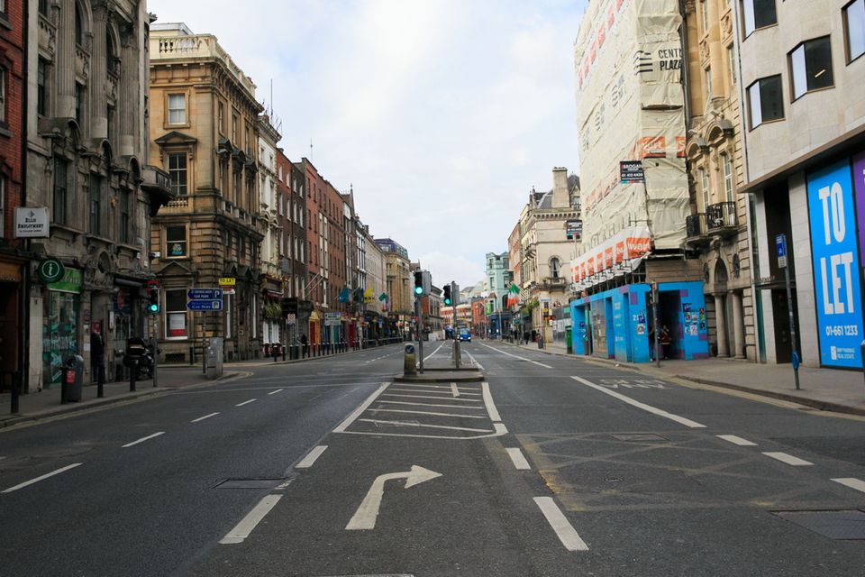 An empty Dame Street in Dublin city centre yesterday due to the Covid-19 shutdown
