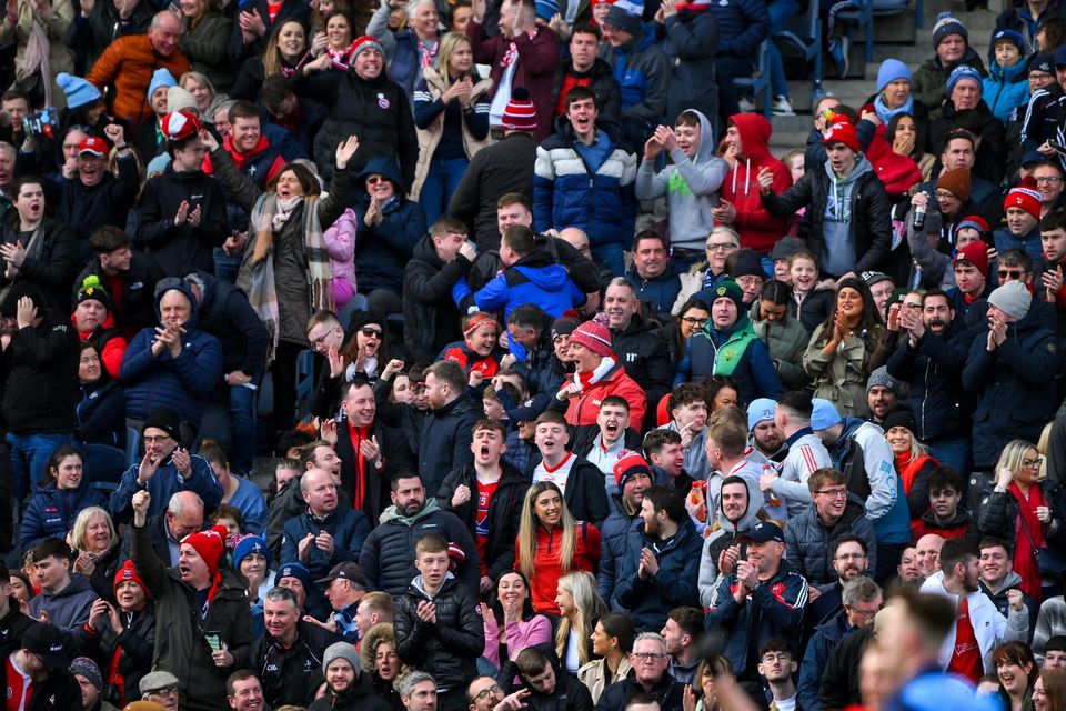 Louth supporters, in the Hogan Stand, celebrate their side's 48th minute goal during the Allianz Football League Division 2 match between Dublin and Louth at Croke Park in Dublin. Photo by Ray McManus/Sportsfile