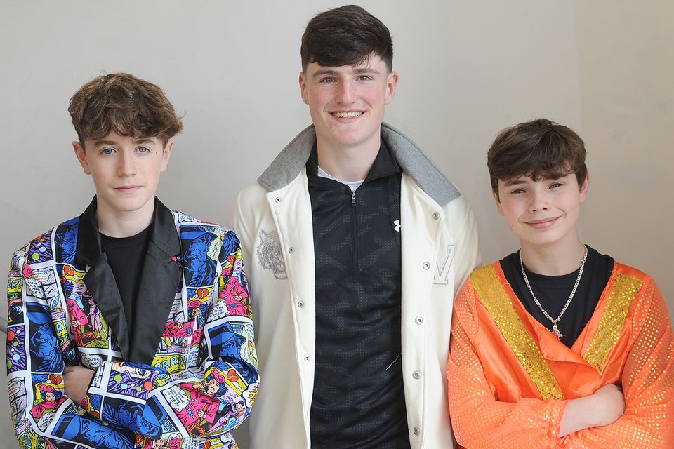 Matthew Hanratty, Sean Lambert and Daragh Lynch taking part in the Coláiste Rís TY 2023 'Back to the 80's' Musical in An Táin Arts Centre. Photo: Aidan Dullaghan/Newspics