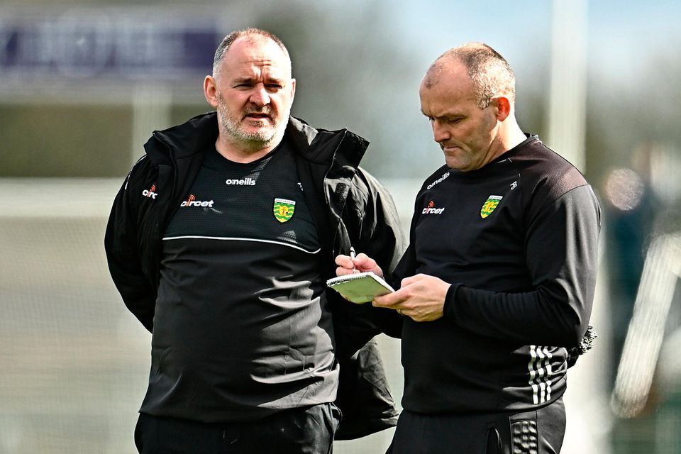 Donegal interim manager Aidan O'Rourke and coach Paddy Bradley. Photo: Sportsfile