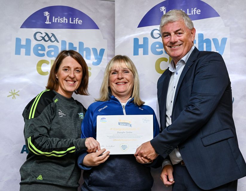 Michelle Richardson and Karen Richardson from Blessington being presented with their gold award by Leinster Council Health and Wellbeing Chairperson Dave Murray. 