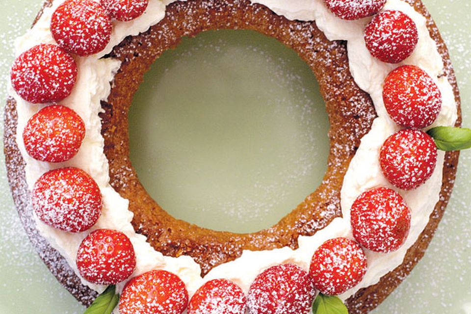 Olive Oil Cake with Strawberries Basil and Lemon Syrup and