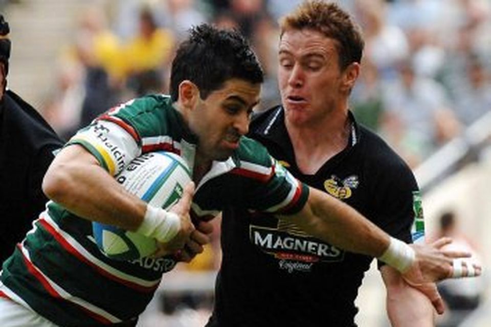 Leicester Tigers' Alesana Tuilagi is tackled by London Wasps' Alex