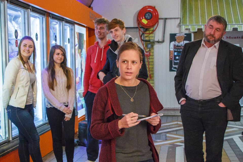 Julie Ryan (front) on location at the English Market, Cork for The Young Offenders movie