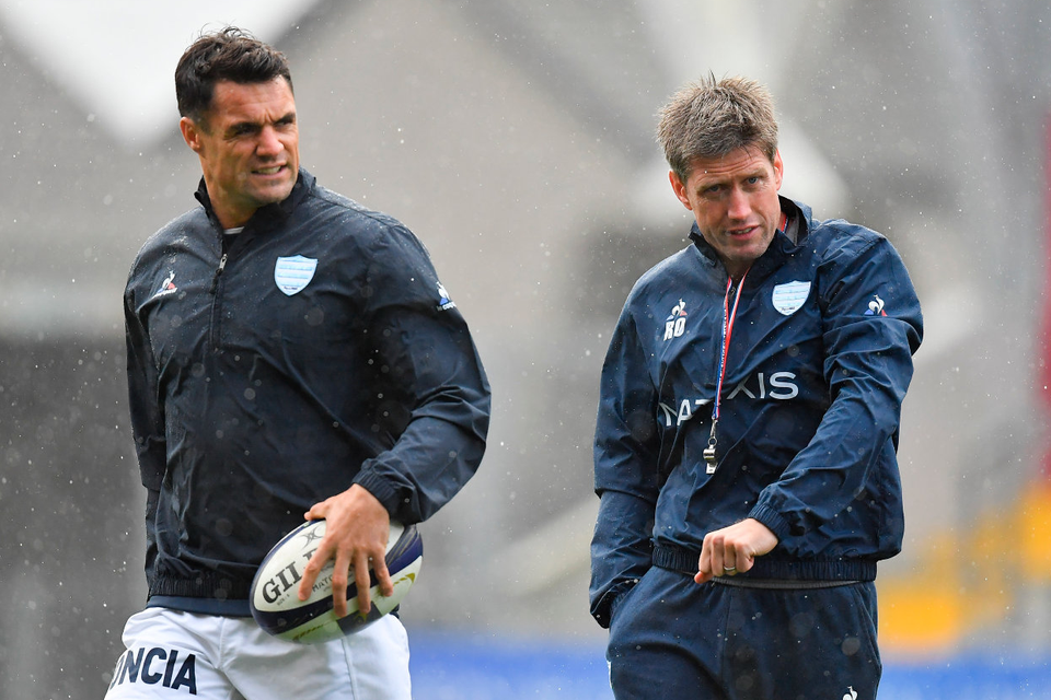21 October 2017; Dan Carter of Racing 92, left, and Racing 92 defence coach Ronan O'Gara prior to the European Rugby Champions Cup Pool 4 Round 2 match between Munster and Racing 92 at Thomond Park in Limerick. Photo by Brendan Moran/Sportsfile