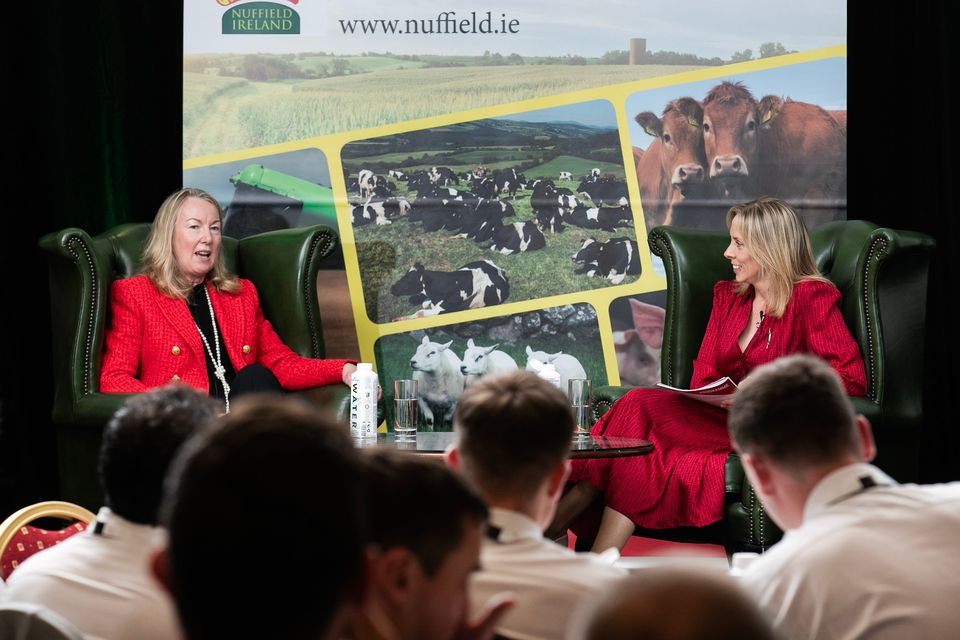 Siobhán Talbot (left) speaking with UCD's Karina Pierce at the Nuffield Ireland 2024 Conference. Photo: Finbarr O'Rourke