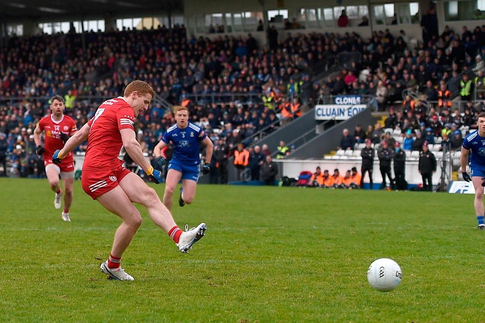 Tyrone's Peter Harte scores his side's first goal from a penalty during a Division 1 match against Monaghan. Photo: Sportsfile