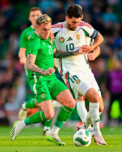 Ireland’s Sammie Szmodics and Dominik Szoboszlai of Hungary battle for possession during last night’s friendly at the Aviva. Photo: Ben McShane/Sportsfile