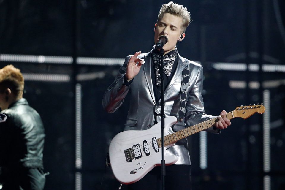 Softengine, representing Finland, perform the song "Something Better" during the second semi-final at the 59th annual Eurovision Song Contest at the B&W Hallerne in Copenhagen
