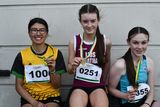 thumbnail: Medal winners in the Girls U15 Long Jump, from left, Mia Boyou (Iveragh, 3rd), Grace Hegarty (Lios Tuathail, 2nd) and Maddison O’Connor (St. Brendans) at the County T&F Championship