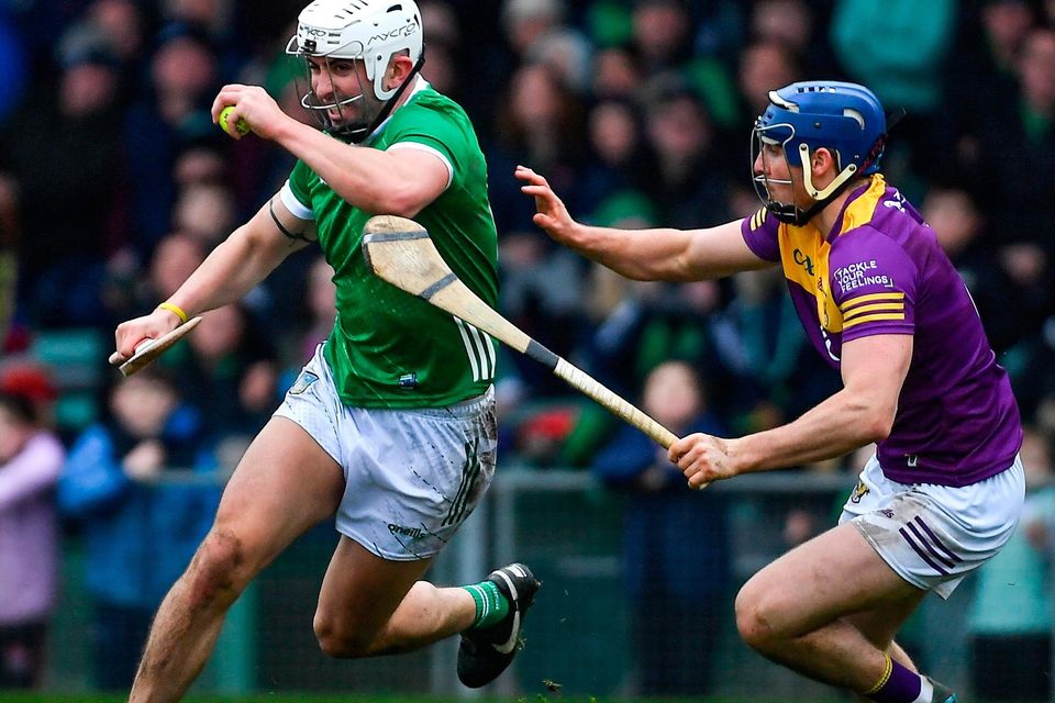 Limerick's Aaron Gillane in action against Wexford's Shane Reck during their Allianz HL Division 1 Group A clash at TUS Gaelic Grounds, Limerick. Photo: Tyler Miller/Sportsfile