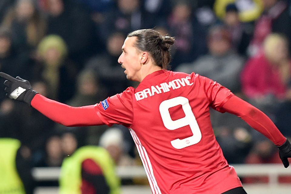 Manchester United's Swedish forward Zlatan Ibrahimovic celebrates after scoring a goal during the UEFA Europa League football match between FC Zorya Luhansk and Manchester United FC at the Chornomorets stadium in Odessa on December 8, 2016. / AFP / SERGEI SUPINSKY        (Photo credit should read SERGEI SUPINSKY/AFP/Getty Images)
