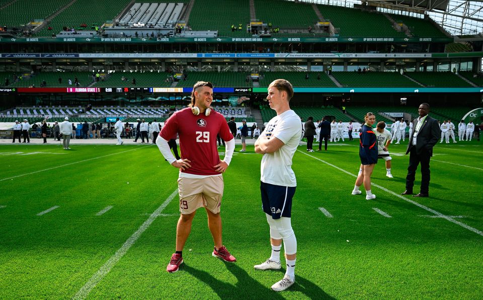 24 August 2024; Florida State Seminoles punter Alex Mastromanno, left, and Georgia Tech Yellow Jackets punter David Shanahan before the 2024 Aer Lingus College Football Classic match between Florida State and Georgia Tech at the Aviva Stadium in Dublin. Photo by Brendan Moran/Sportsfile 