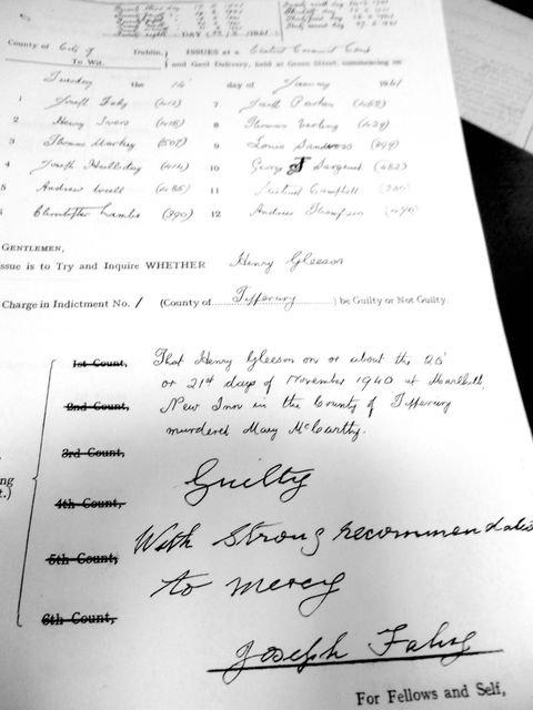 Part of the guilty verdict document signed by the foreman of the jury Joseph Fahy, showing the  strong recommendation to mercy. Courtesy National Archives