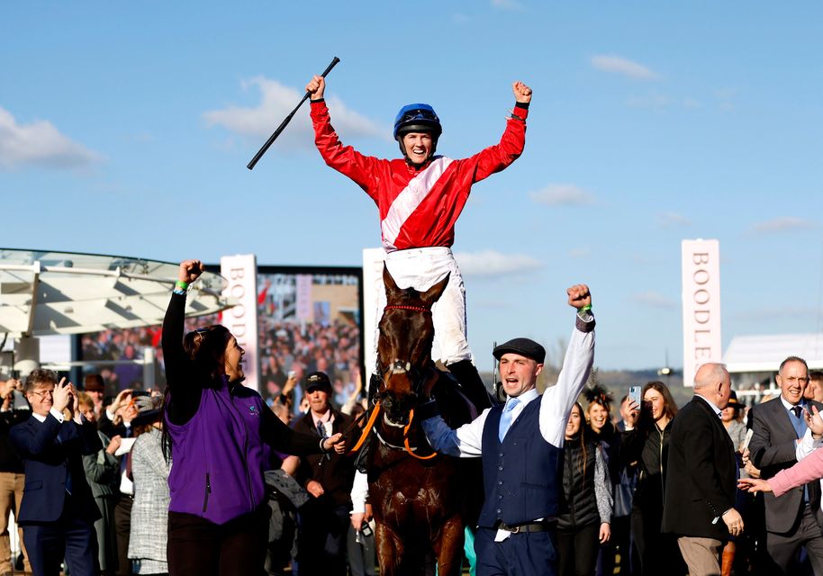 Rachael Blackmore celebrates on A Plus Tard after winning the Boodles Cheltenham Gold Cup Chase. Photo credit: Steven Paston/PA Wire.