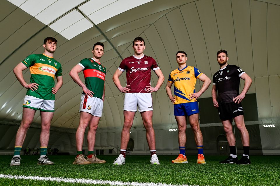 Jack Casey (Leitrim), Diarmuid O'Connor (Mayo), John Daly (Galway), Conor Hussey (Roscommon) and Keelan Cawley (Sligo) at the launch of the 2024 Connacht SFC in Bekan. Photo by Piaras Ó Mídheach/Sportsfile