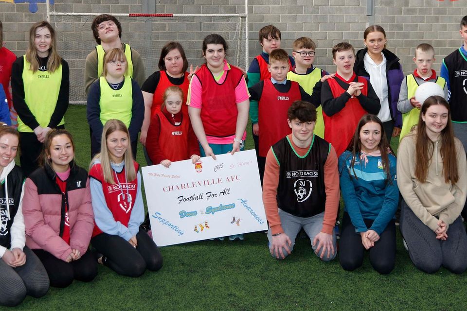 The second group of players from the Holy Family School Charlville re pictured with their youtgful mentors participating in the FAI Football for All Programme blitz at the GAA Sportshall in Charleville.