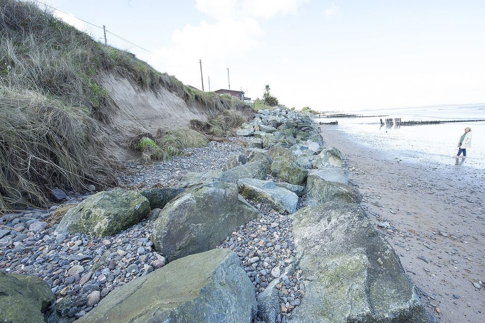 Despite the rock anchorage the erosion still occurred on the Rosslare coastline during the recent storms. Pic: JIm Campbell