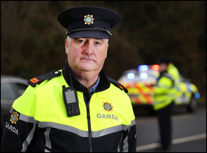 Garda Inspector Ronan MacDonald at a roadside check outside Kilcock, Co Kildare. Photo: Steve Humphreys