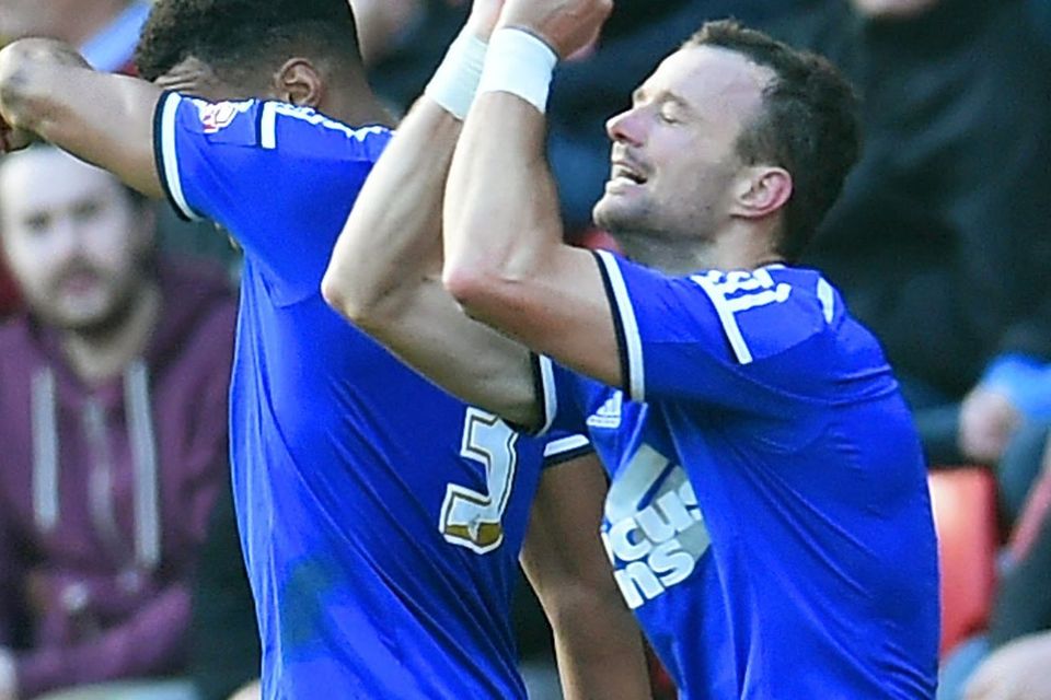 Noel Hunt (R) celebrates scoring for Ipswich Town at Charlton Athletic. The Waterford man will sign for Ipswich on a permanent basis after severing his ties with Leeds United yesterday.