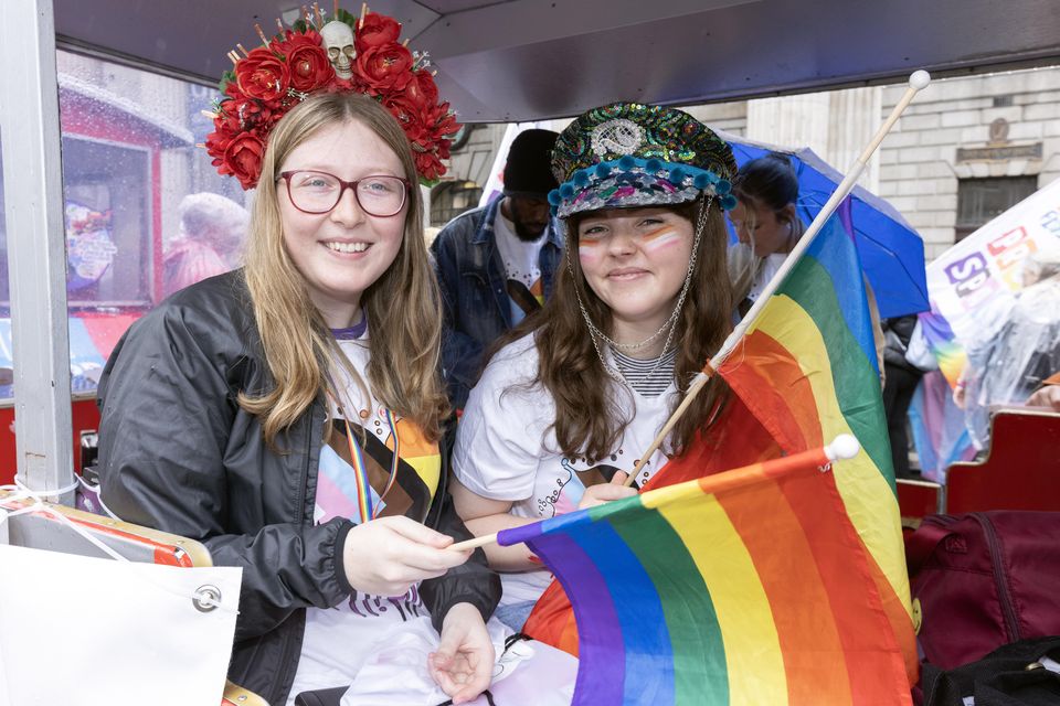 Members of the Irish Red Cross Youth took part in today's Pride parade in Dublin for their 13th sucessive year. Pictured aboard the Irish Red Cross Youth Train are Sarah Gavin and Tara Kiernan from Drogheda. Photo: Tony Gavin 29/06 2024