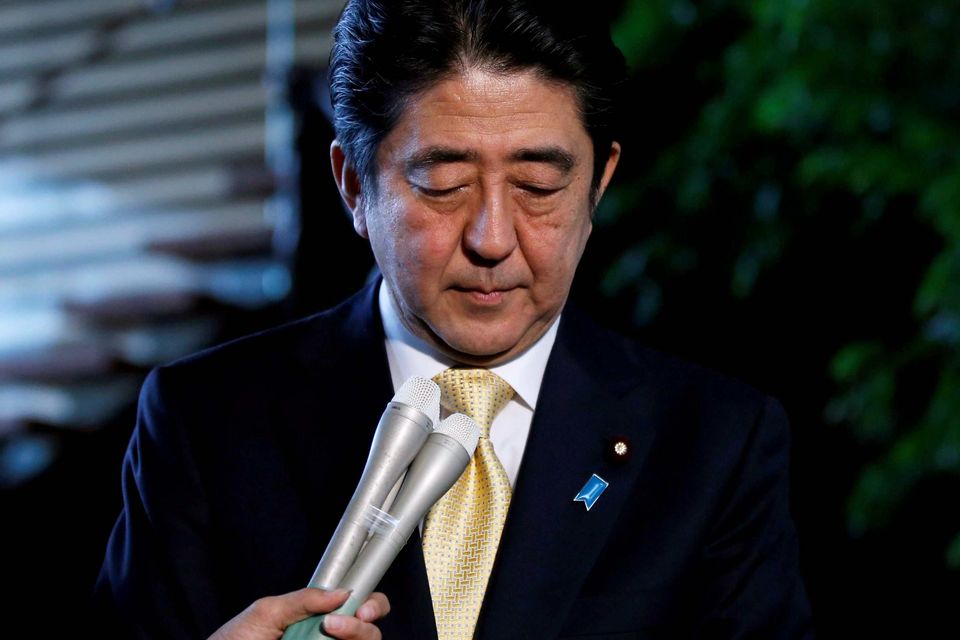 Japan's Prime Minister Shinzo Abe reacts as he speaks to the media at his official residence in Tokyo. Reuters