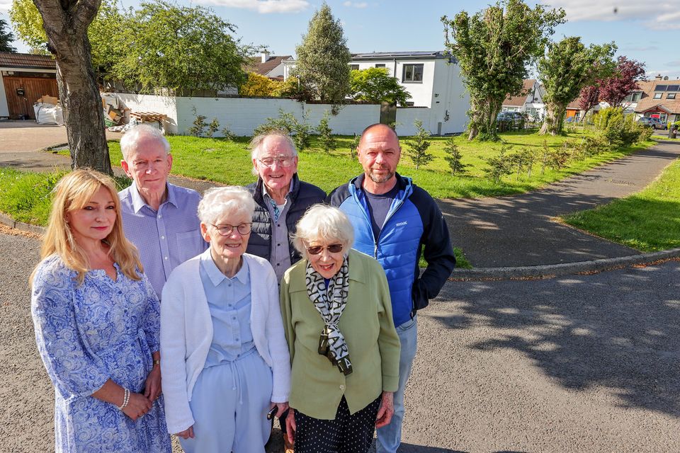 Left to right: Lesley Kavanagh, Donal McCarthy, Maureen Mannin, Robert Millist, Clare O’Connell and Robert Millist Jr next to the disputed green area in Clondalkin’s Monastery Crescent. Photo: Gerry Mooney