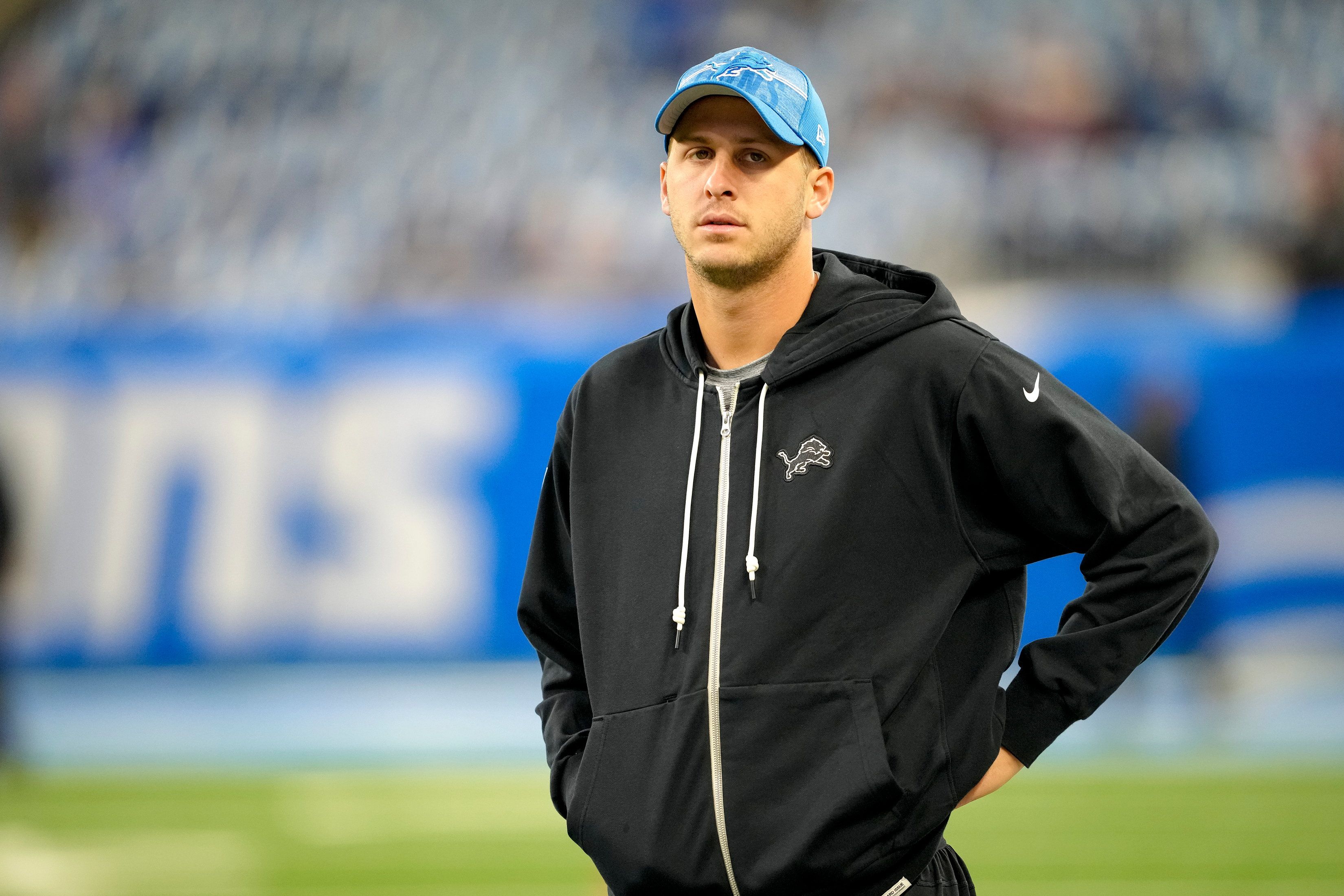 Detroit Lions quarterback Jared Goff looks on before calling a play News  Photo - Getty Images