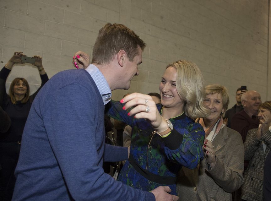 9/2/20 Helen McEntee celebrates getting re-elected with her husband Paul and supporters at the Election 2020 count centre for Meath East in Ashbourne, Co Meath. Picture: Arthur Carron.