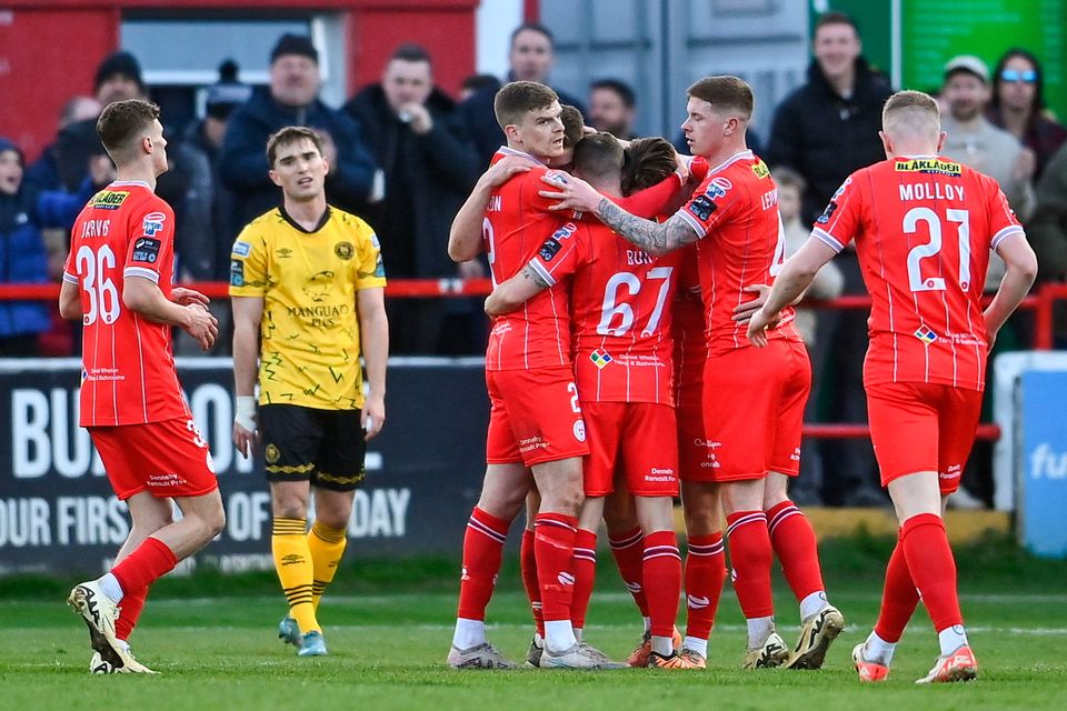Shelbourne players celebrate after John Martin breaks the deadlock during their Premier Division clash with St Patrick's Athletic at Tolka Park. Photo: David Fitzgerald/Sportsfile