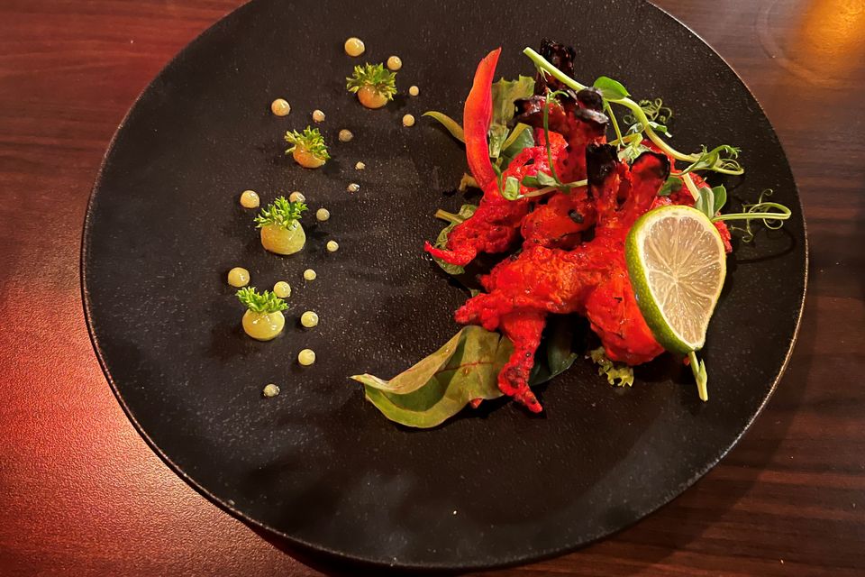 "A brace of delicious jumbo prawns (€14) in a rock salt, fresh lime, mustard seed, and black pepper marinade had been grilled in the tandoor." Daata, Bray. Photo: Lucinda O'Sullivan
