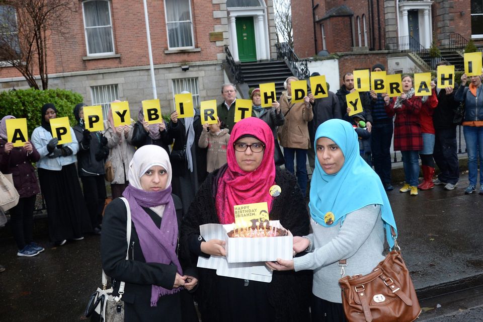 Supporters of Ibrahim Halawa mark his 20th birthday outside the Egyptian embassy. At front are his sisters Somaia, Fatima and Omaima