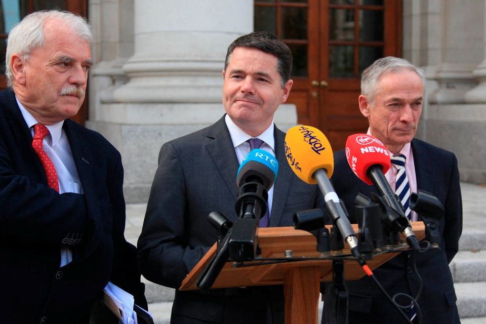 Minister for Finance and Public Expenditure and Reform, Paschal Donohoe along with Minister for Education, Richard Bruton and Minister of State for Disability Issues, Finian McGrath, hold a press conference on the new pay agreement on the new entrants' salary-scale issues. Photo: Garrett White / Collins Photo Agency