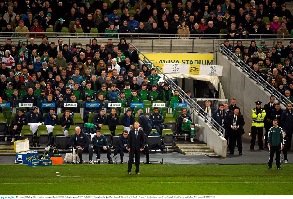 29 March 2015; Republic of Ireland manager Martin O'Neill during the game. UEFA EURO 2016 Championship Qualifier, Group D, Republic of Ireland v Poland. Aviva Stadium, Lansdowne Road, Dublin. Picture credit: Ray McManus / SPORTSFILE