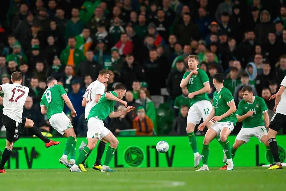 Artürs Zjuzins of Latvia scores his side's second goal during the international friendly match against Ireland at the Aviva Stadium in Dublin. Photo by Stephen McCarthy/Sportsfile